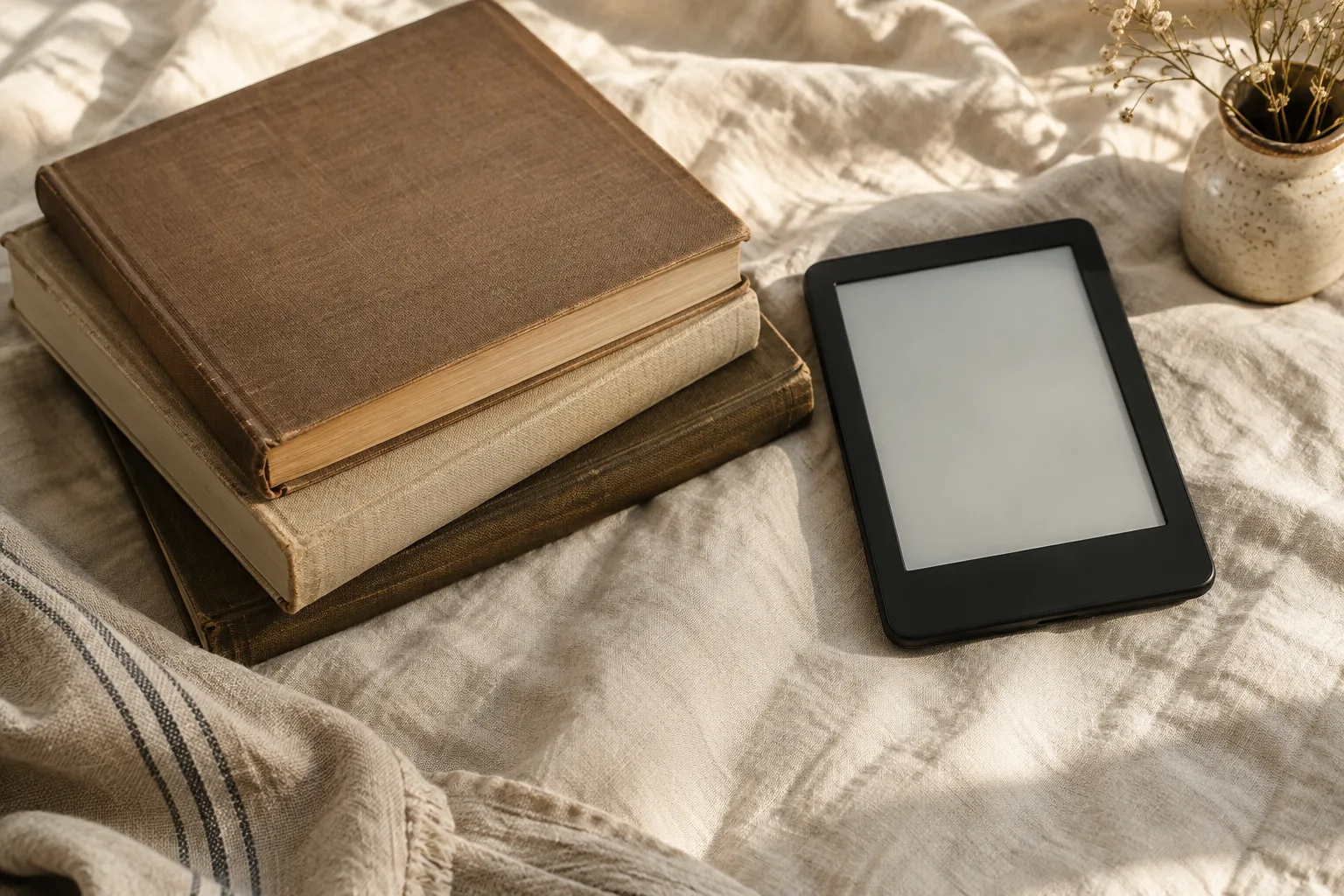 A blank e-reader beside worn books on an ivory linen cloth